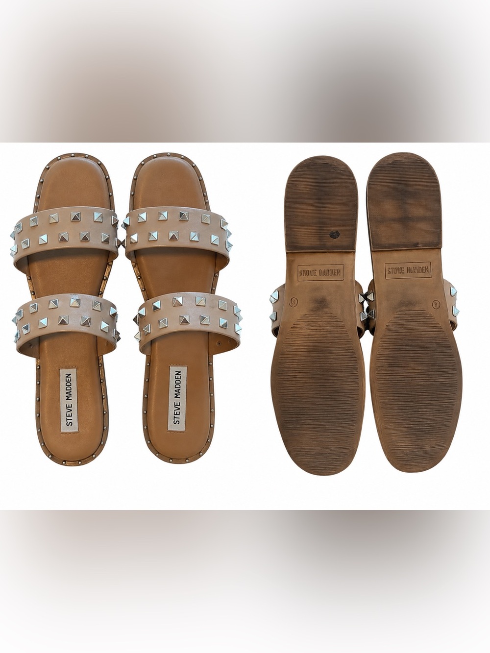 Steve Madden Beige Studded Double Strap Slide Sandals